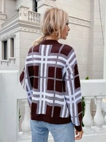 Jersey patrón de cuadros & de rayas de hombros caídos