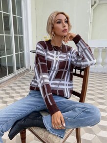 Jersey patrón de cuadros & de rayas de hombros caídos