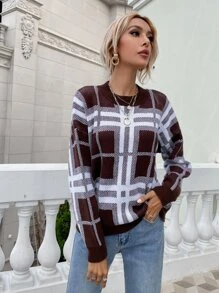 Jersey patrón de cuadros & de rayas de hombros caídos