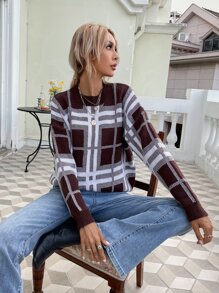 Jersey patrón de cuadros & de rayas de hombros caídos