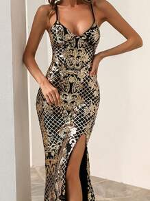 Missord Baroque Split Thigh Lace Up Back Sequins Prom Dress - Gold - View 4