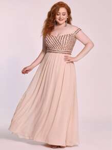 EVERPRETTY Plus Contrast Sequin Off Shoulder Dress - Apricot - View 3