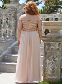 EVERPRETTY Plus Contrast Sequin Off Shoulder Dress - Apricot - View 2