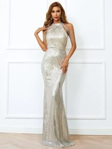 Missord Halter Neck Sequin Mermaid Prom Dress, Halloween - Silver - View 2