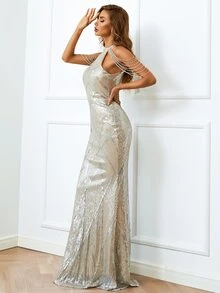 Missord Halter Neck Sequin Mermaid Prom Dress, Halloween - Silver - View 6