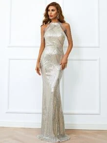 Missord Halter Neck Sequin Mermaid Prom Dress, Halloween - Silver - View 7
