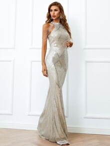 Missord Halter Neck Sequin Mermaid Prom Dress, Halloween - Silver - View 8