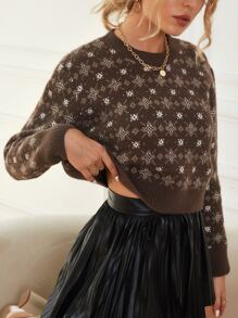 Flower Pattern Jumper - Mocha Brown - View 2