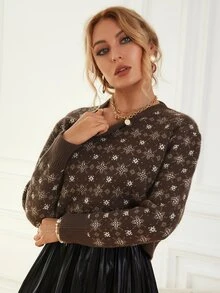 Flower Pattern Jumper - Mocha Brown - View 7