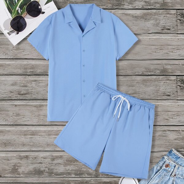 

Men Solid Lapel Neck Shirt & Shorts, Baby blue
