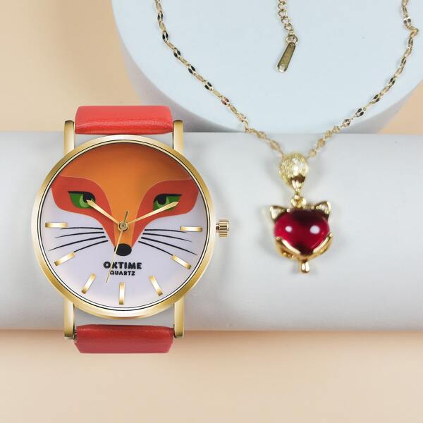 

1pc Cartoon Fox Round Pointer Watch & 1pc Necklace