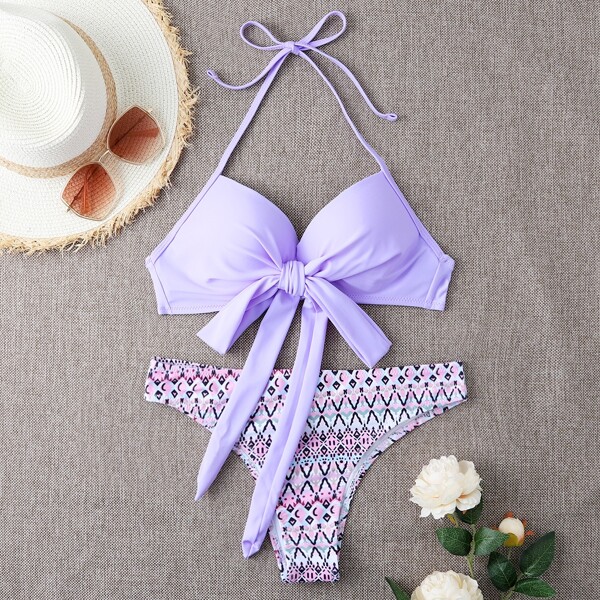 

Geo Print Twist Push Up Bikini Swimsuit, Lilac purple