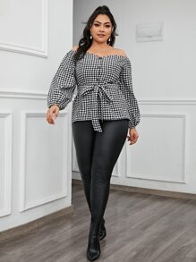 SHEIN Clasi Plus Buffalo Plaid Self Belted Bardot Blouse - Black and White - View 1