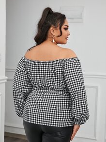 SHEIN Clasi Plus Buffalo Plaid Self Belted Bardot Blouse - Black and White - View 2