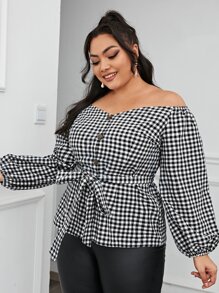 SHEIN Clasi Plus Buffalo Plaid Self Belted Bardot Blouse - Black and White - View 3
