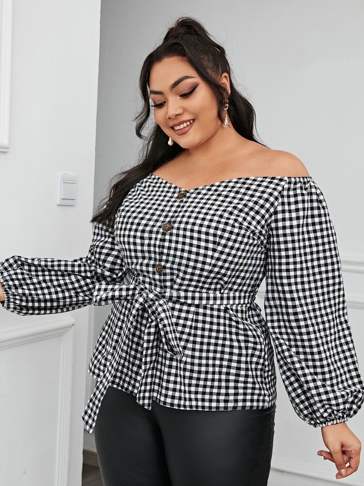 SHEIN Clasi Plus Buffalo Plaid Self Belted Bardot Blouse - Black and White - View 3