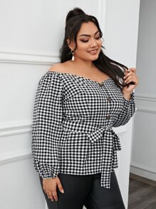 SHEIN Clasi Plus Buffalo Plaid Self Belted Bardot Blouse - Black and White - View 5