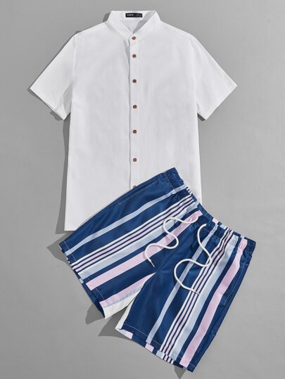 GENTILAND Men Solid Button Up Shirt & Striped Print Shorts Set