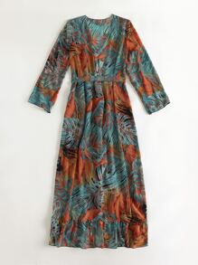 Tropical Print Ruffle Trim Belted Kimono - Multicolor - View 2