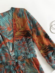 Tropical Print Ruffle Trim Belted Kimono - Multicolor - View 3