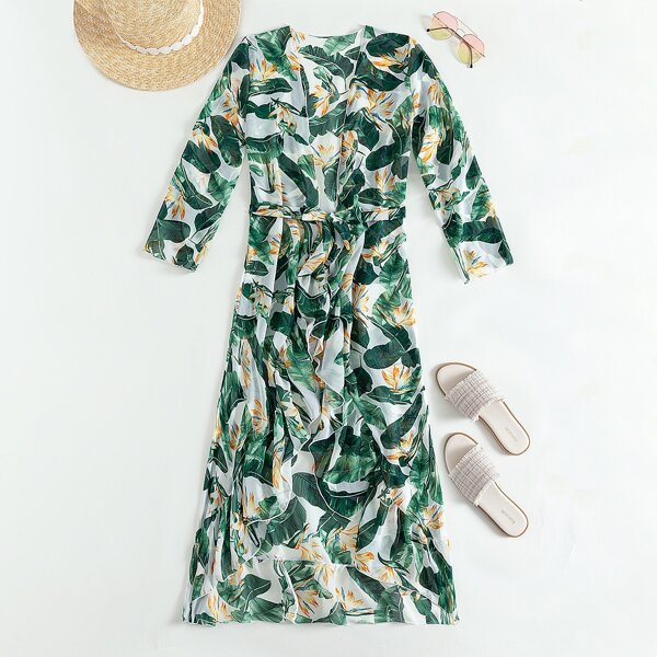 

Tropical Plant Print Belted Kimono, Multicolor