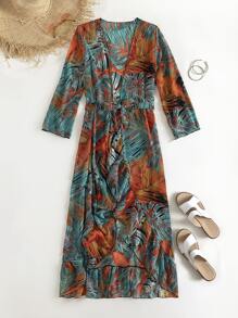 Tropical Print Ruffle Trim Belted Kimono - Multicolor - View 6