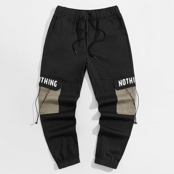 

Men Letter Graphic Drawstring Waist Cargo Pants, Black
