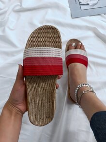 Striped Pattern Colorblock Slides - Red - View 1
