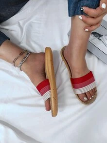 Striped Pattern Colorblock Slides - Red - View 2