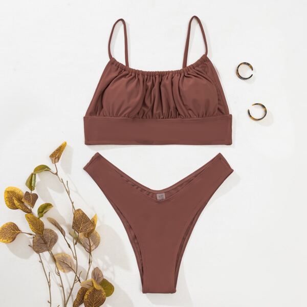 

Ruched Bust High Cut Bikini Swimsuit, Redwood