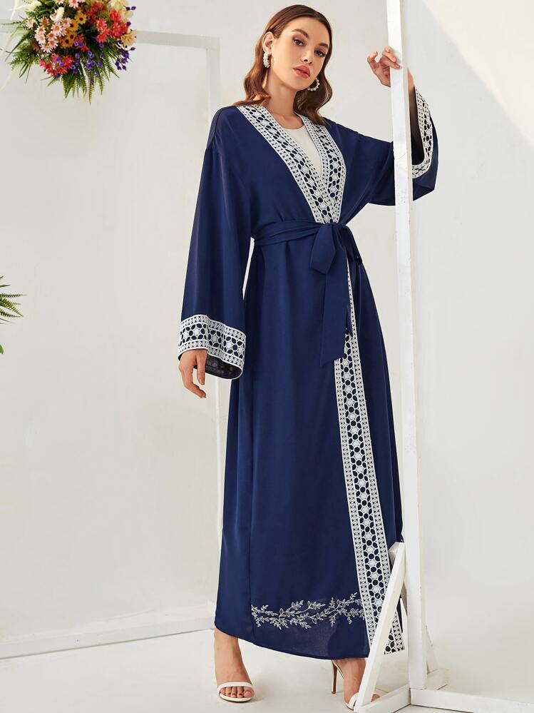 Al Najma Leaf Lace Trim Belted Abaya - Navy Blue - View 1