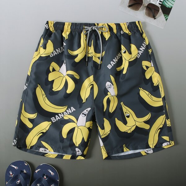 

Men Random Banana And Letter Graphic Drawstring Waist Swimwear, Multicolor