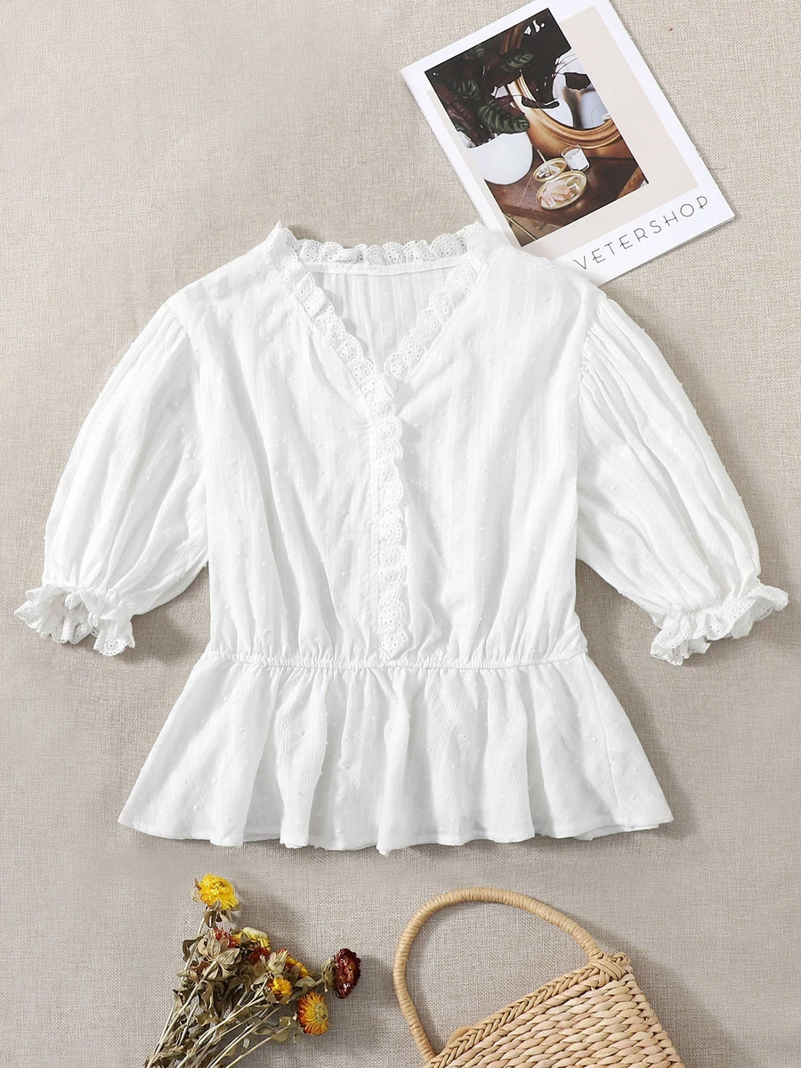 SHEIN 落肩網眼刺繡荷葉邊荷葉邊下擺上衣 - 白色 - 查看 1