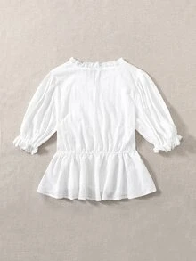 SHEIN 落肩網眼刺繡荷葉邊荷葉邊下擺上衣 - 白色 - 查看 2