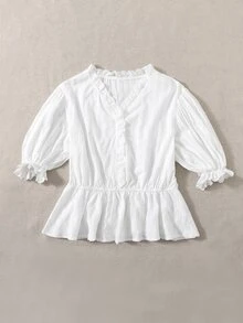 SHEIN 落肩網眼刺繡荷葉邊荷葉邊下擺上衣 - 白色 - 查看 3