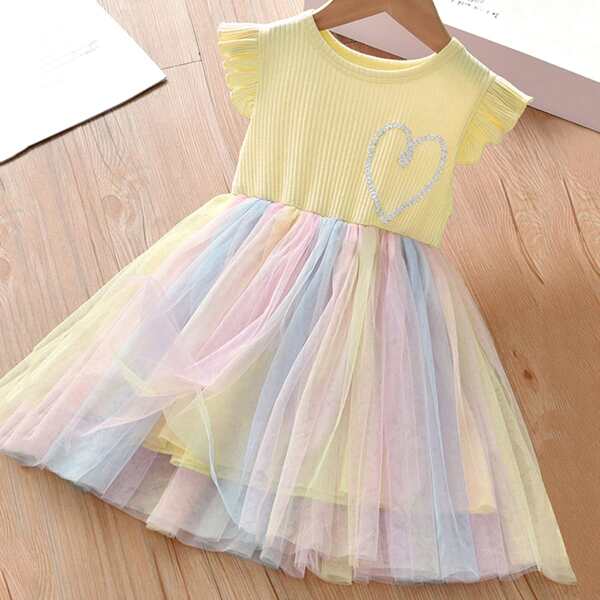 

Toddler Girls Rib-knit Bodice Mesh Hem Dress, Multicolor