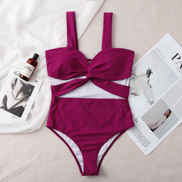 

Cut Out Twist Front One Piece Swimsuit, Red violet