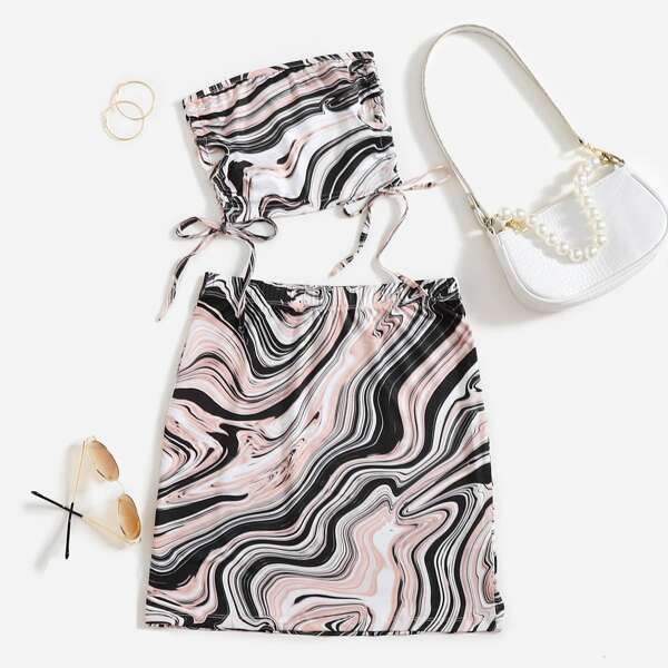 

Splash Print Knot Tube Crop Top & Skirt Set, Multicolor