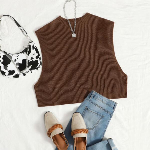 

Solid Sweater Vest Without Blouse, Coffee brown