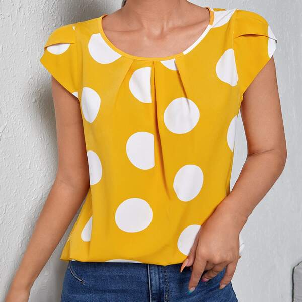 

Polka Dot Petal Sleeve Blouse, Yellow