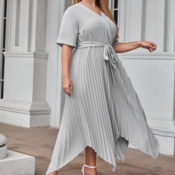 

Plus Guipure Lace Tape Pleated Hem Belted Dress, Light grey