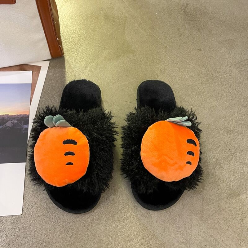 

Cartoon Decor Fluffy Slippers, Black