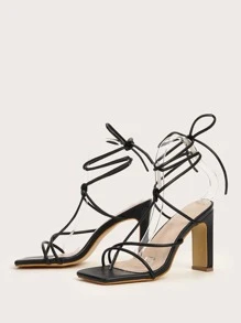 Women Minimalist Tie Leg Design Chunky Heeled Strappy Thong Sandals, Fashion Summer Heeled Sandals - Black - View 6