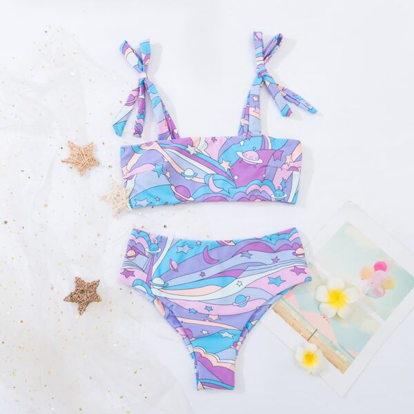 

Planet Print Tie Shoulder Bikini Swimsuit, Multicolor