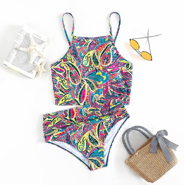 

Paisley Print High Waisted Bikini Swimsuit, Multicolor