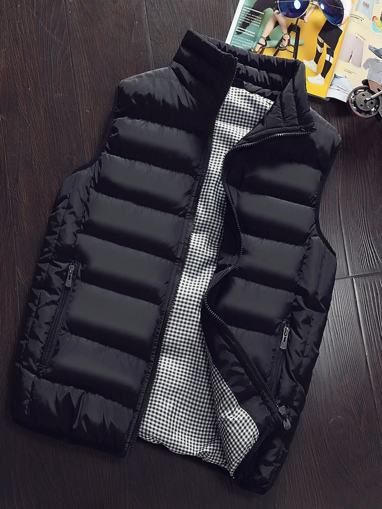 Men Gingham Lined Zip Up Vest Jacket Plain Husband Going Out Casual Quilted Jacket, For Fall Winter