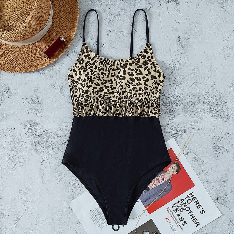 

Leopard Ruffle Hem One Piece Swimsuit, Multicolor