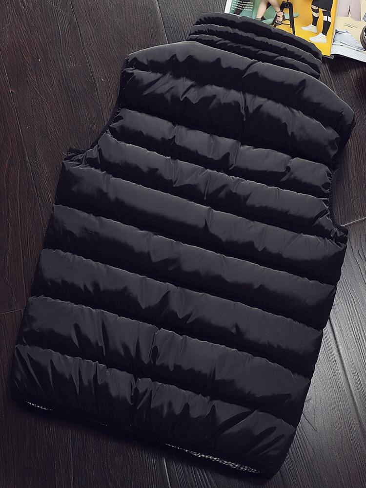 Men Gingham Lined Zip Up Vest Jacket Plain Husband Going Out Casual Quilted Jacket, For Fall Winter