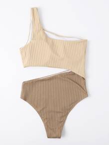 SHEIN Swim 夏季沙灘兩色中空單肩連體游泳衣 - 彩色 - 查看 2