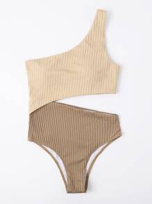 SHEIN Swim 夏季沙灘兩色中空單肩連體游泳衣 - 彩色 - 查看 3